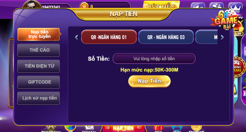 Các phương thức nạp tiền 68 game bài hiện có