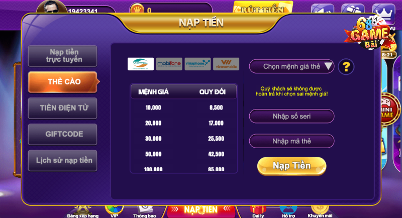 Nạp tiền 68 game bài qua thẻ cào 